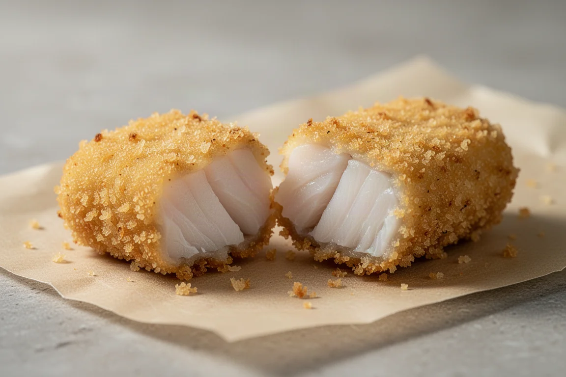 Nahaufnahme eines aufgebrochenen Fischstäbchens mit flockigem weißem Fisch im Inneren