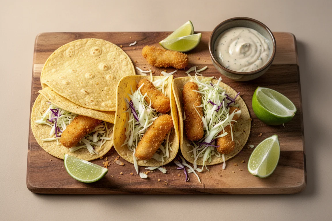 Fischstäbchen und Toppings zum Basteln von Fish-Tacos zubereitet