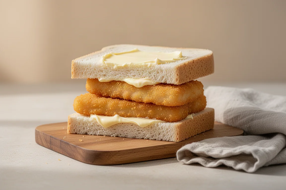 Ein Fischstäbchen-Sandwich auf Weißbrot, halbiert, auf einem Holzbrett