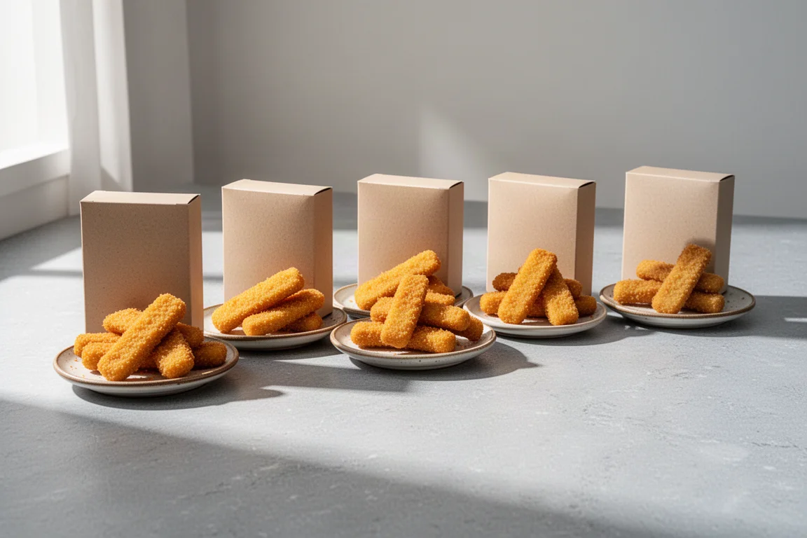 Cajas de barritas de pescado congelado con muestras doradas empanizadas en platos