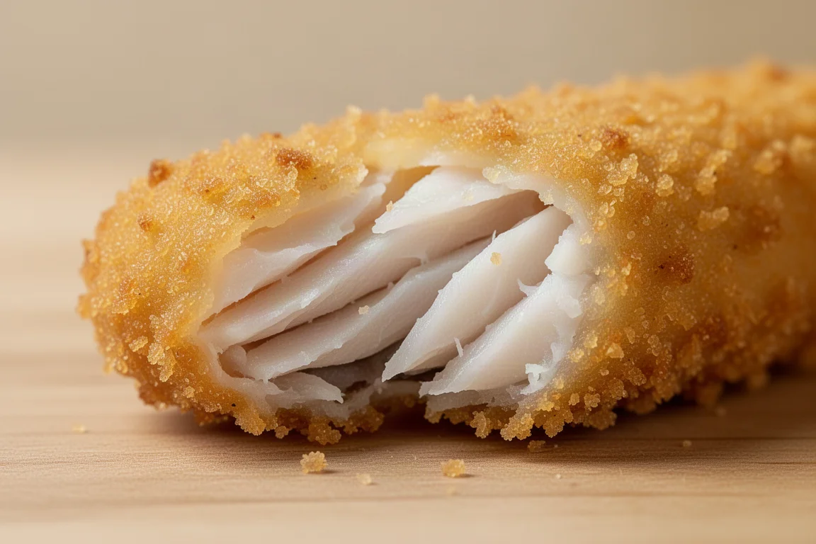 Primo piano di un bastoncino di pesce spezzato con visibili fiocchi di pesce bianco dentro la panatura