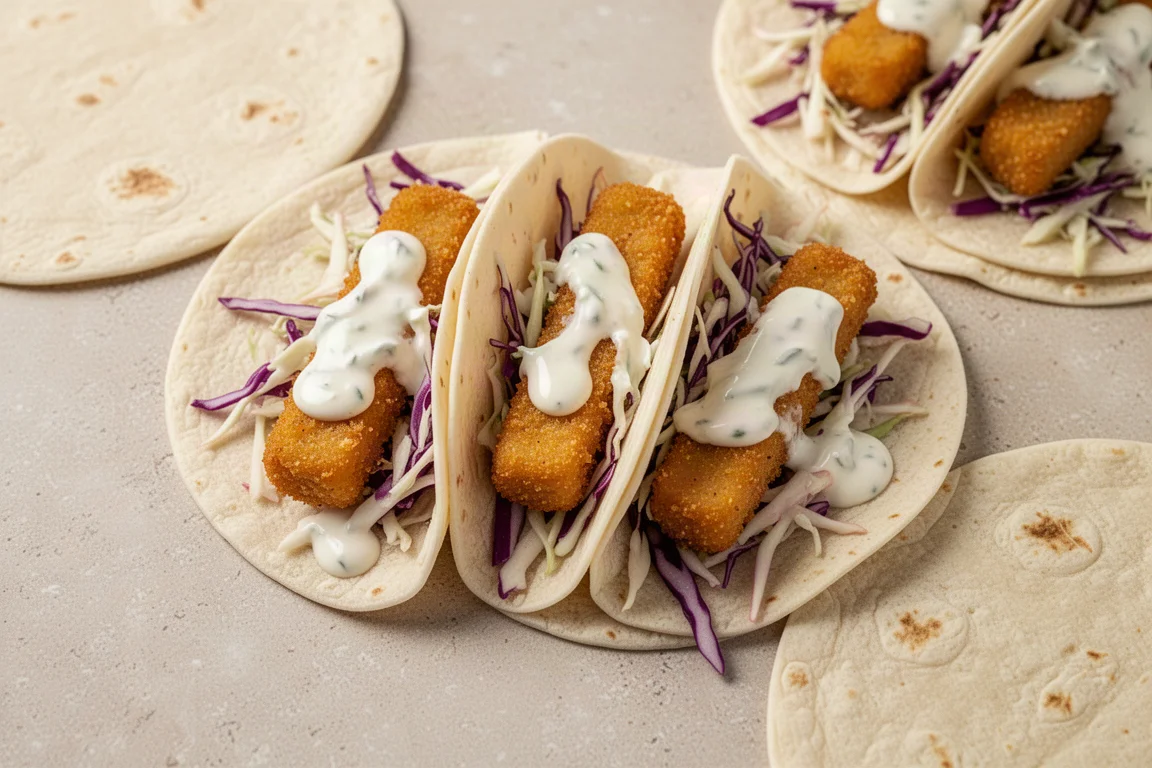 Tacos di pesce in preparazione con bastoncini croccanti, insalata coleslaw e salsa cremosa