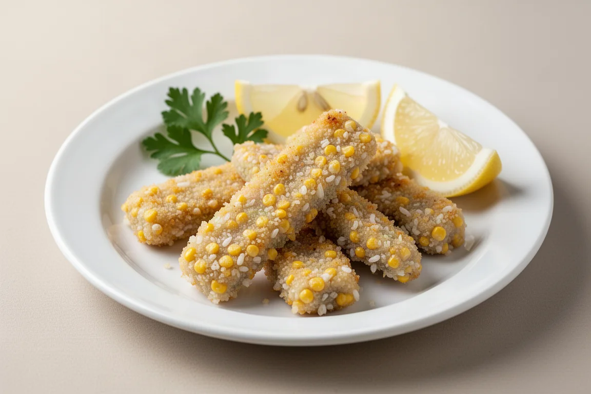 Bastoncini di pesce senza glutine con panatura di mais e riso serviti nel piatto con spicchi di limone