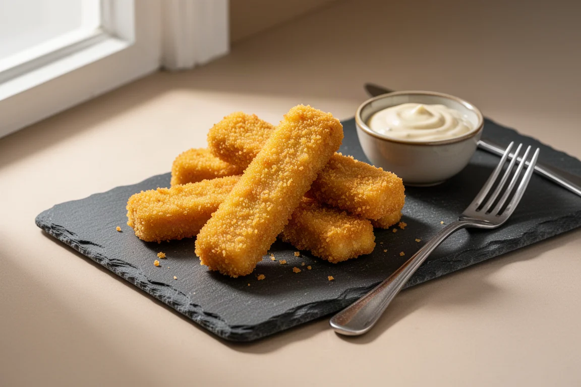 Golden breaded fish sticks on a slate board with creamy dipping sauce