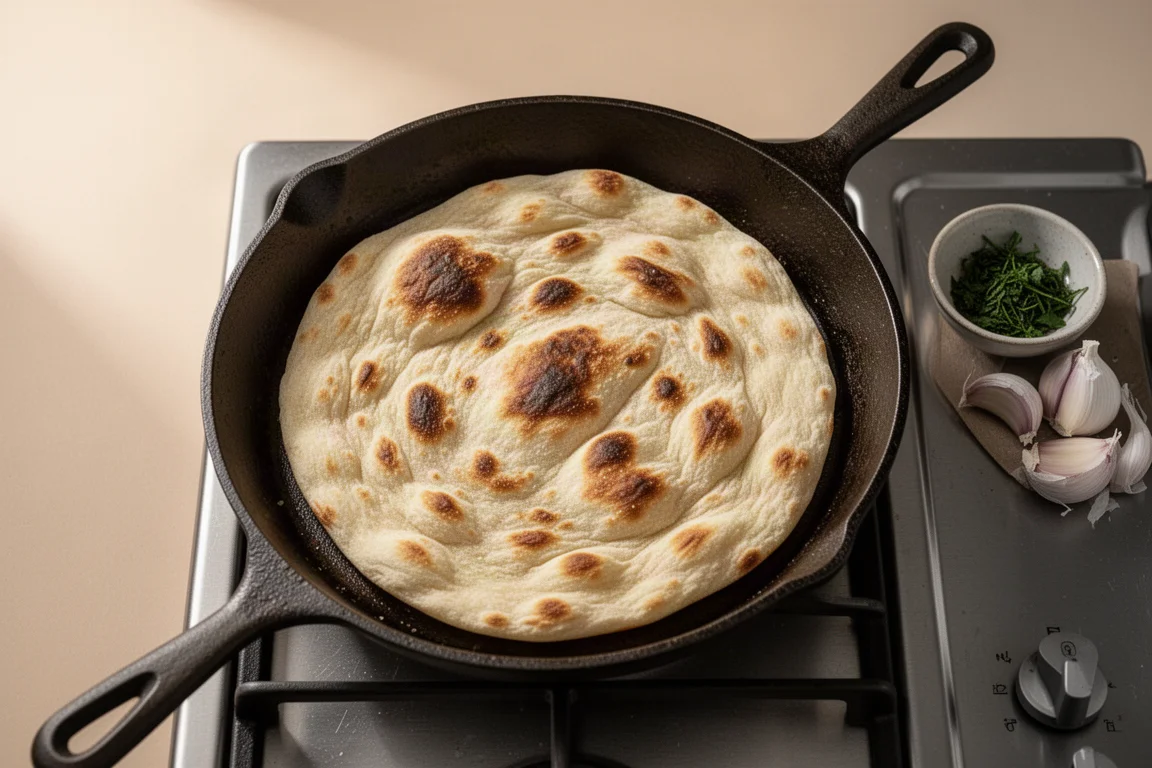 Naan bread warming in a hot pan on a stovetop