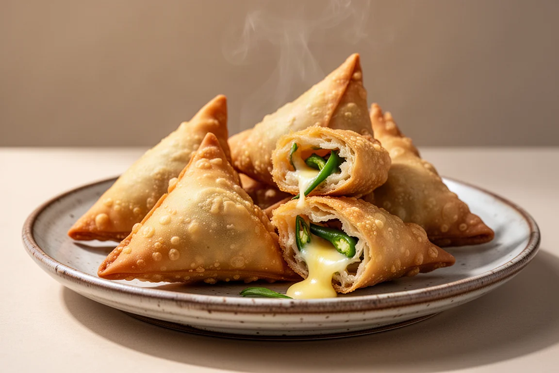 Golden fried samosas piled on a plate with a bite revealing a cheesy filling