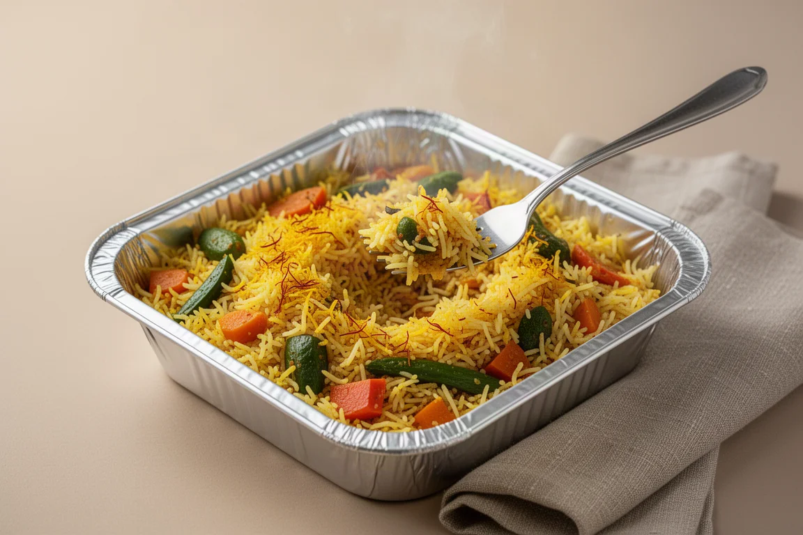 A freshly heated tray of vegetable biryani with visible rice and vegetables