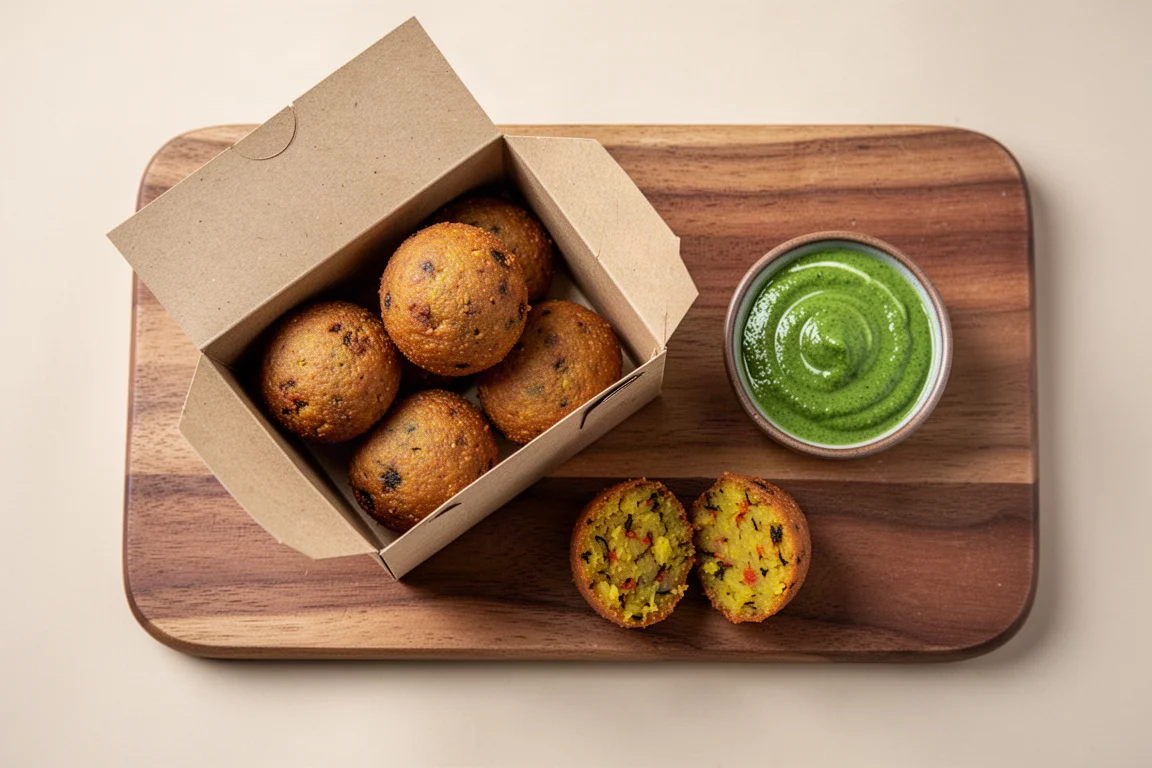 A box of frozen potato vada snacks beside a bowl of green chutney