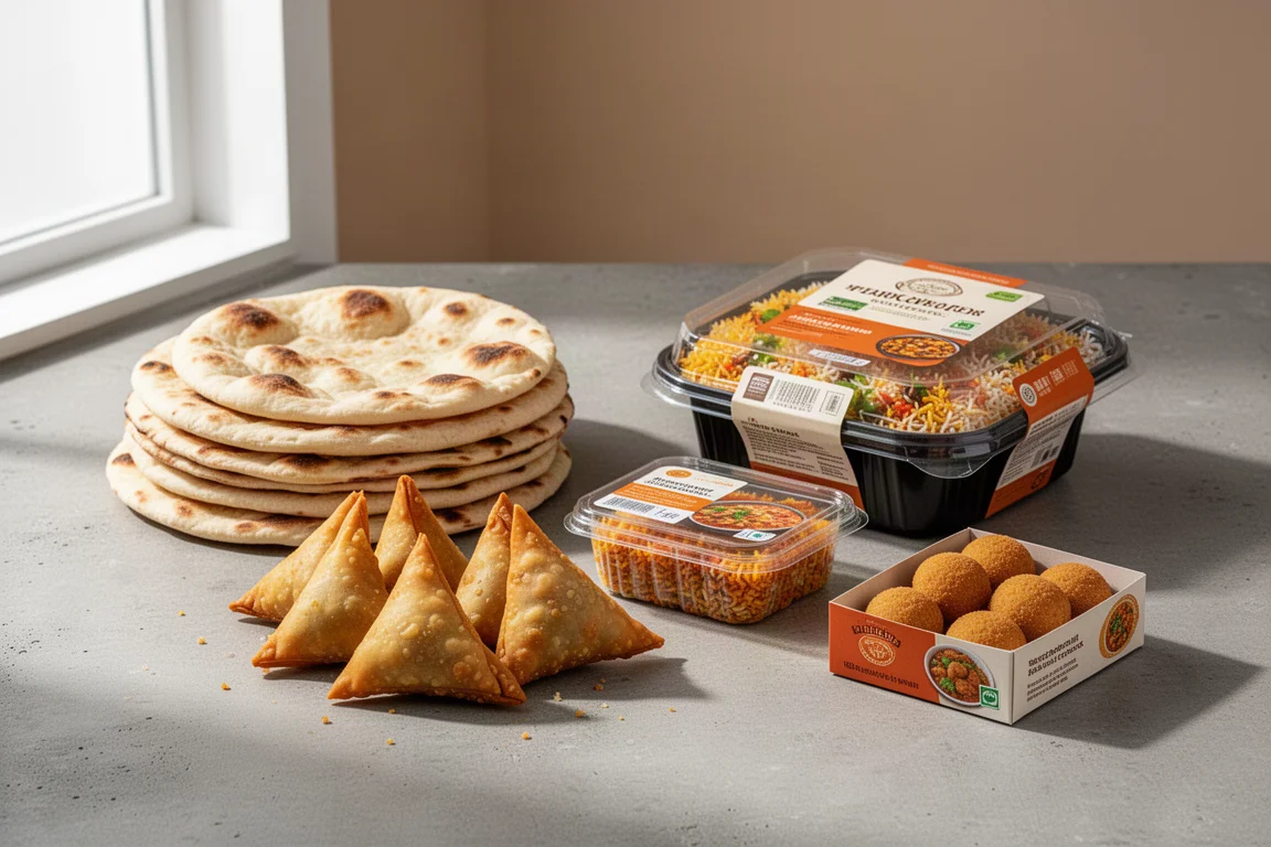 Assortimento di snack indiani surgelati tra cui naan, samosa e biryani su una superficie di cemento