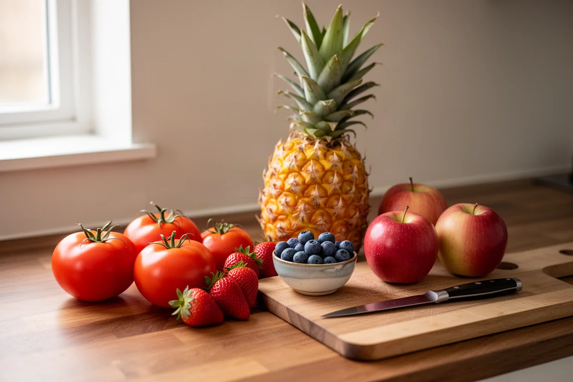 A basket of ripe seasonal fruit on a kitchen counter beside a cutting board