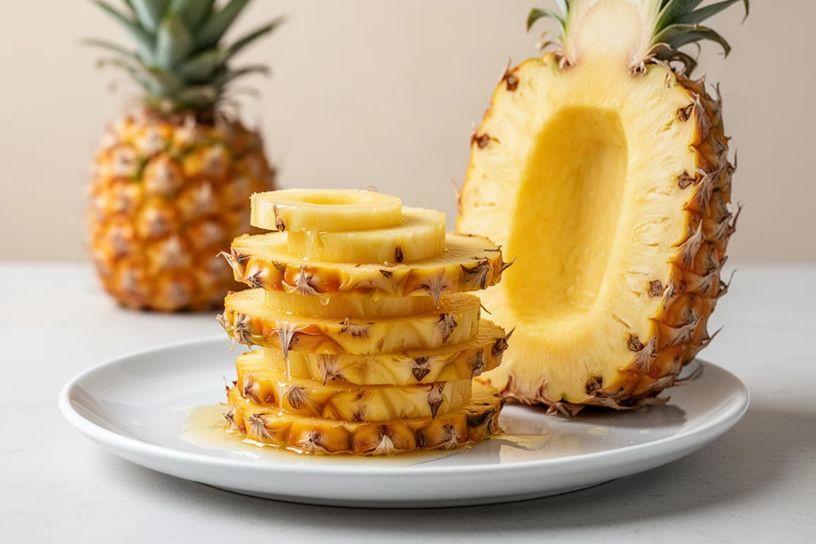 Freshly cut pineapple slices arranged in a spiral on a white plate