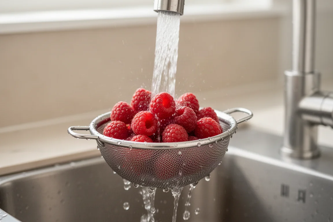 Fresh raspberries being rinsed in a small colander under running water