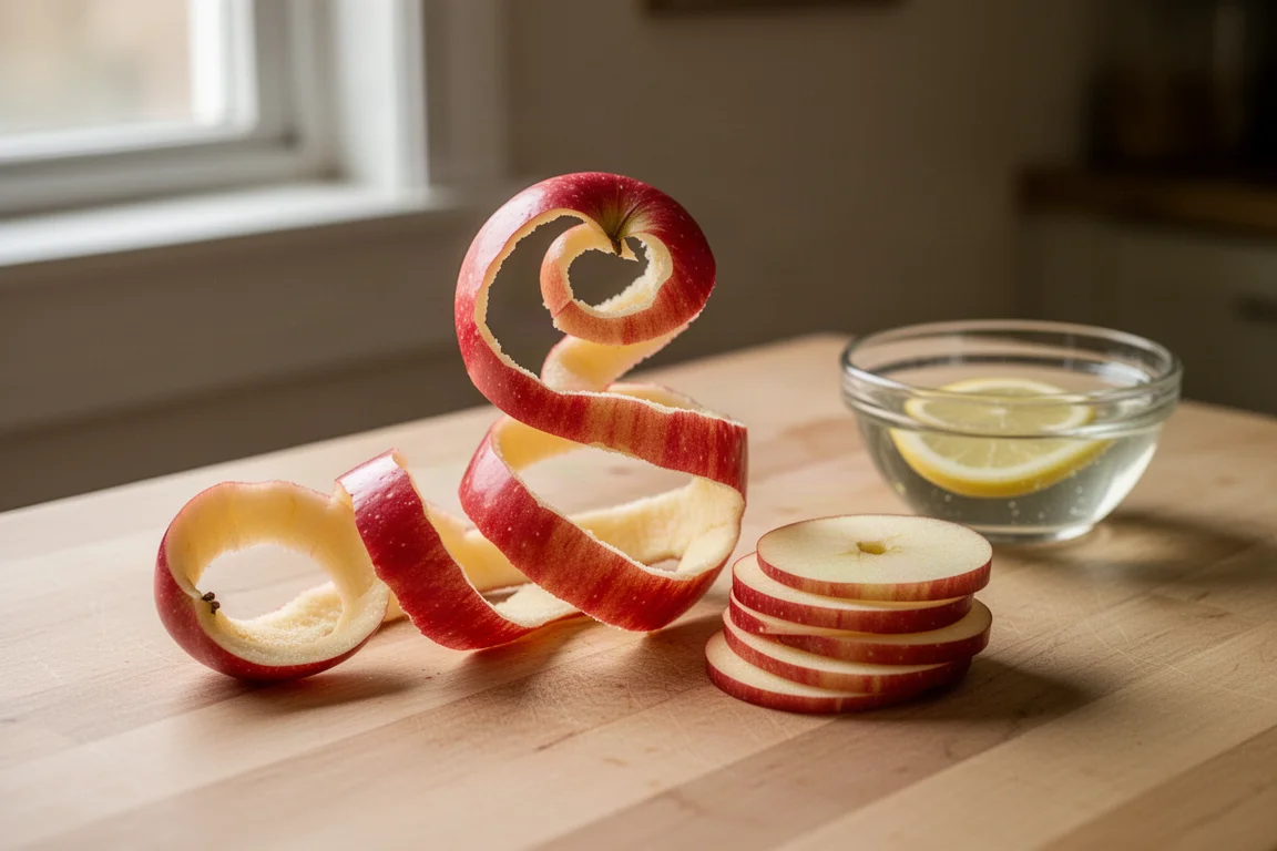 Long unbroken apple peel curling beside a stack of thin apple slices