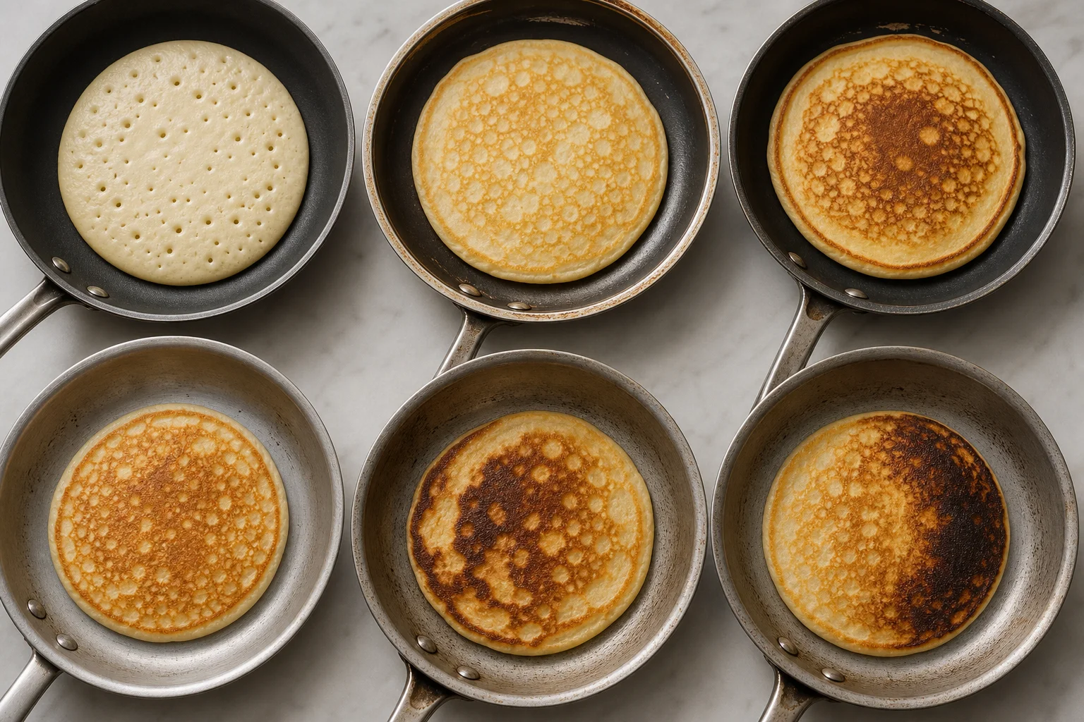 Pfannkuchen in verschiedenen Bratpfannen zeigen unterschiedliche Hitzeverteilungsmuster