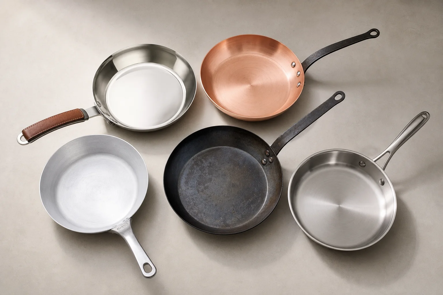 Five frying pans in different metals arranged on neutral backdrop