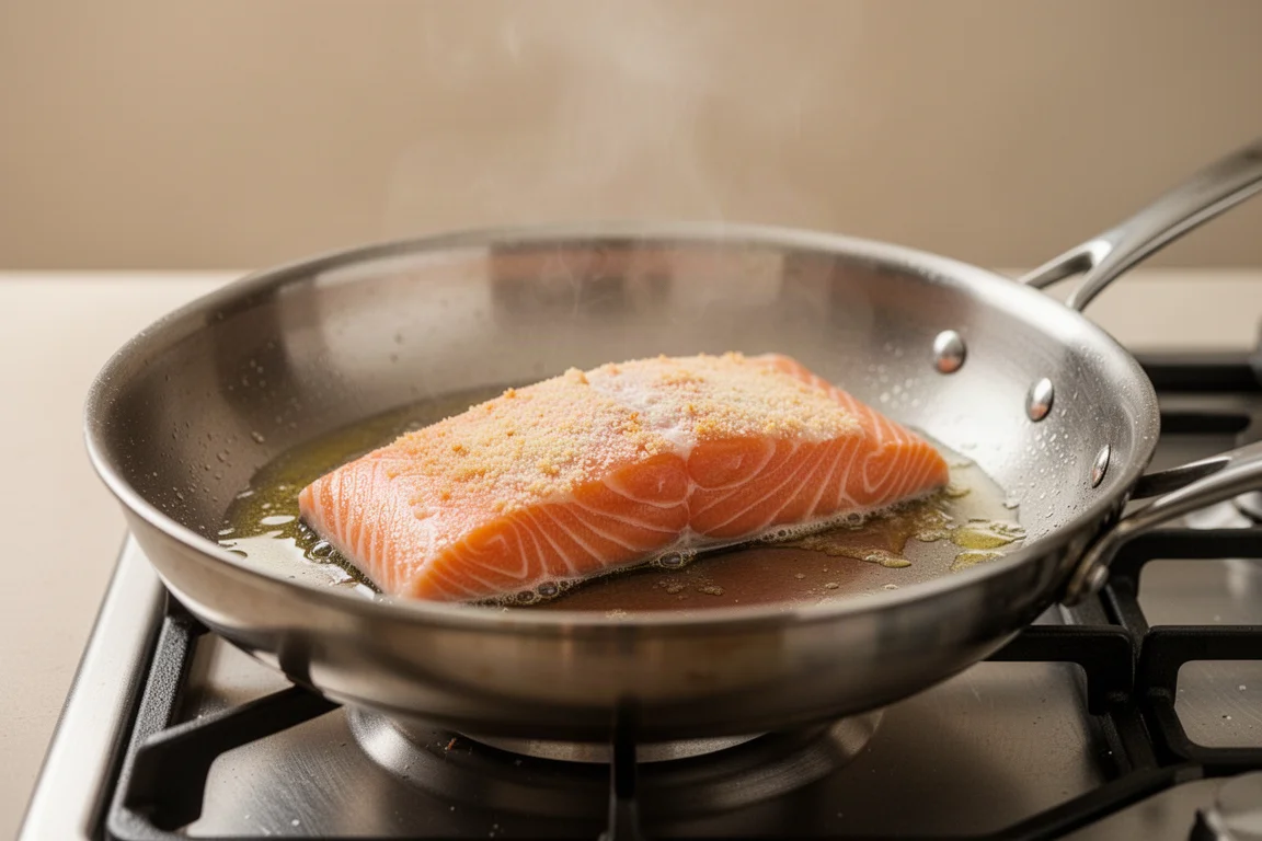 Hautloses Lachsfilet brät in einer Edelstahlpfanne in schimmerndem Öl