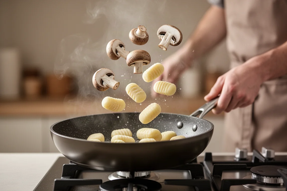 Koch schwenkt Pilze und Gnocchi in einer dunklen beschichteten Bratpfanne