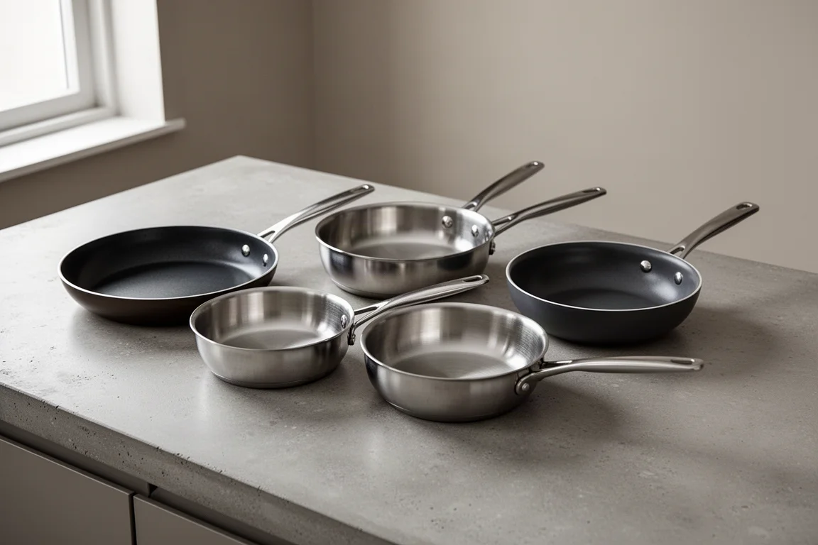 Five different frying pans arranged on a concrete kitchen counter