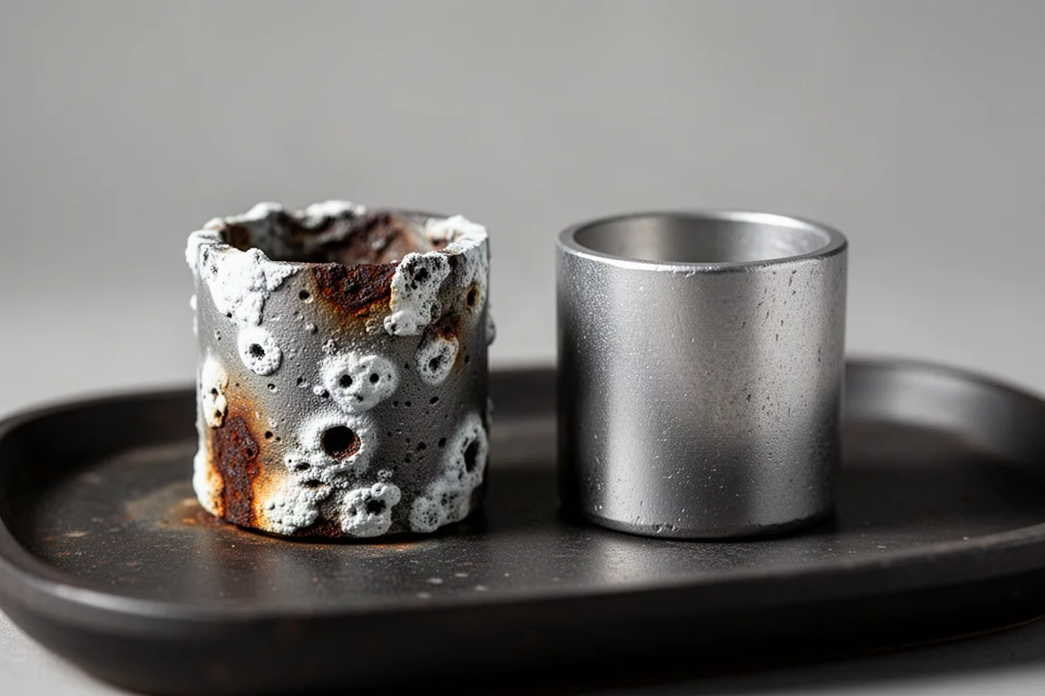 Close-up of corroded pot metal piece next to a clean uncorroded piece