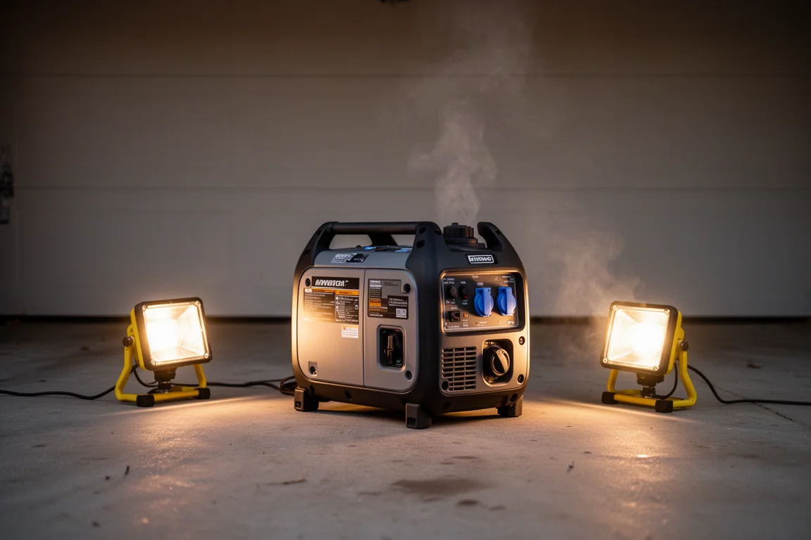 Portable generator running outdoors with halogen work lights plugged in