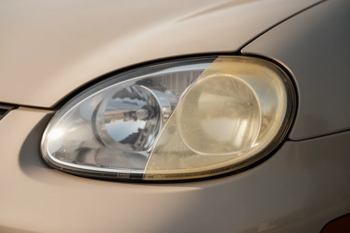Car headlight lens half restored and half oxidized under sunlight