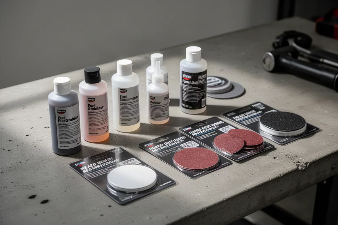 Fuel stabilizer bottles and headlight restoration kit supplies on a concrete workbench