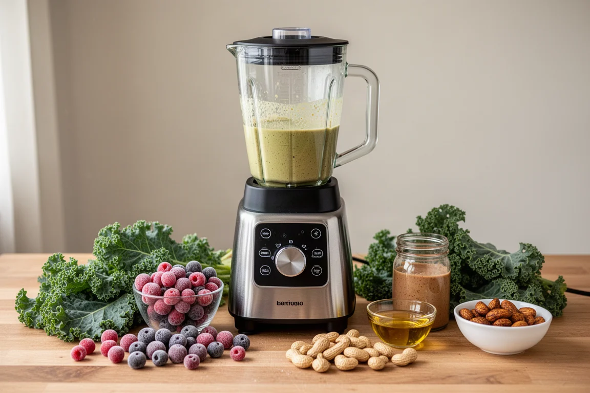 Full-size blender on a kitchen counter surrounded by fresh ingredients