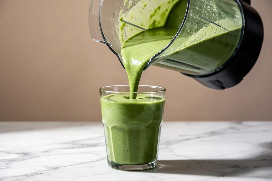 Velvety smooth green smoothie being poured from a blender pitcher