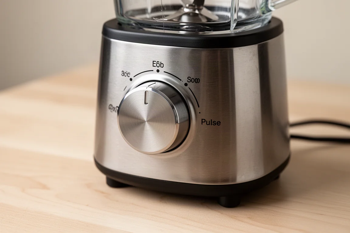 Hands turning a solid metal speed dial on a blender base