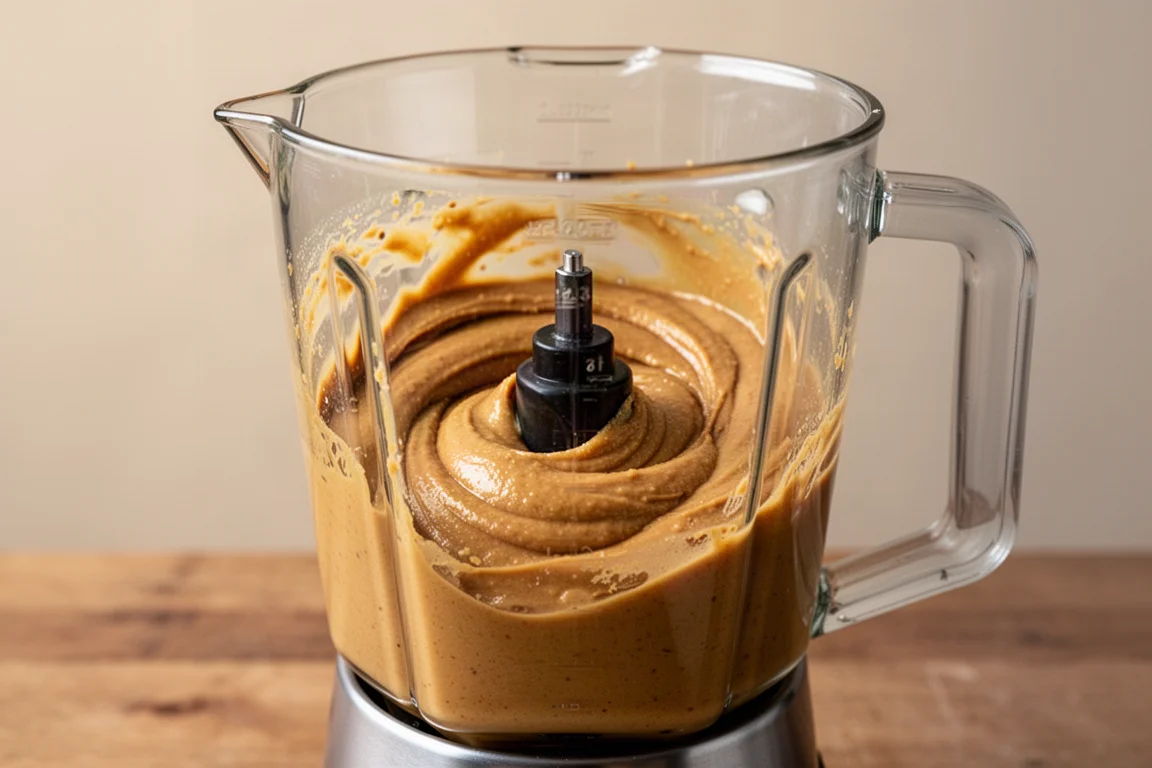 Freshly made nut butter churning inside a blender pitcher