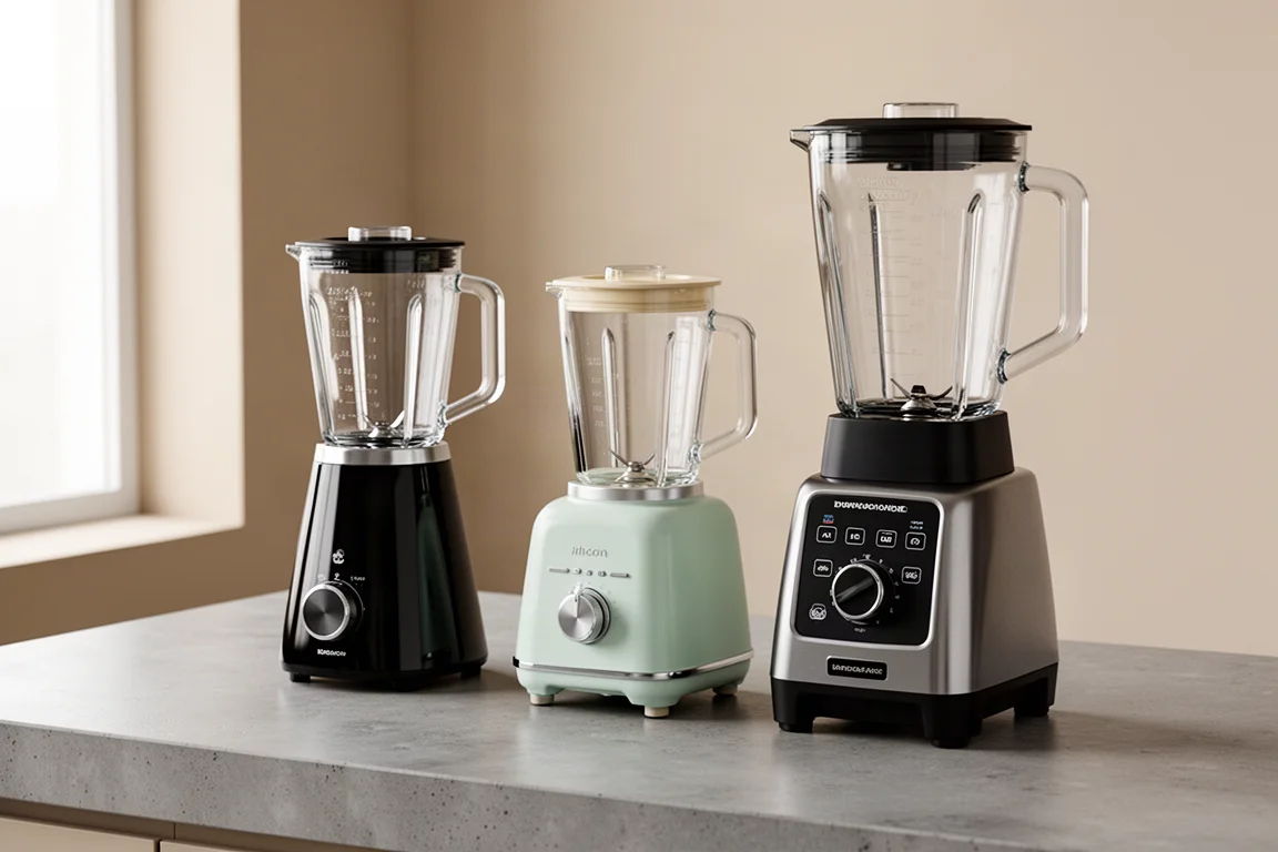 Three full-size countertop blenders lined up on a concrete kitchen counter