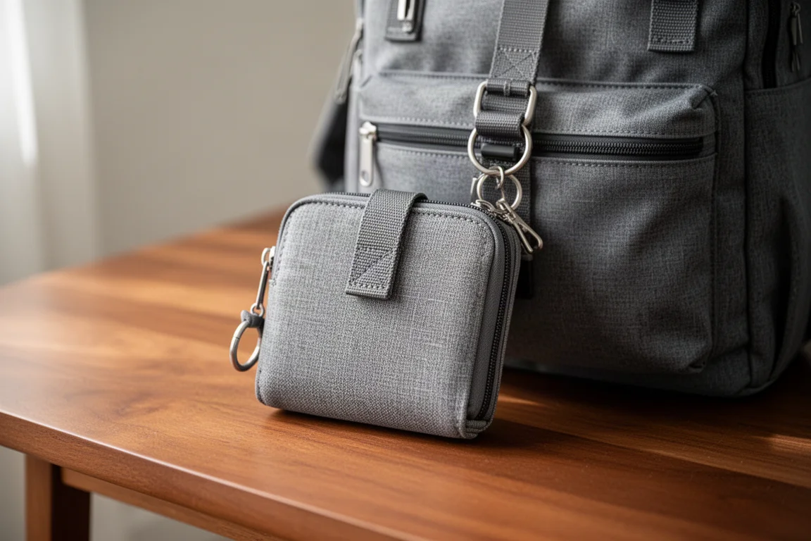 Eine kompakte Zip-Pouch-Geldbörse mit Schlüsselring, an einem Reisetaschengurt befestigt