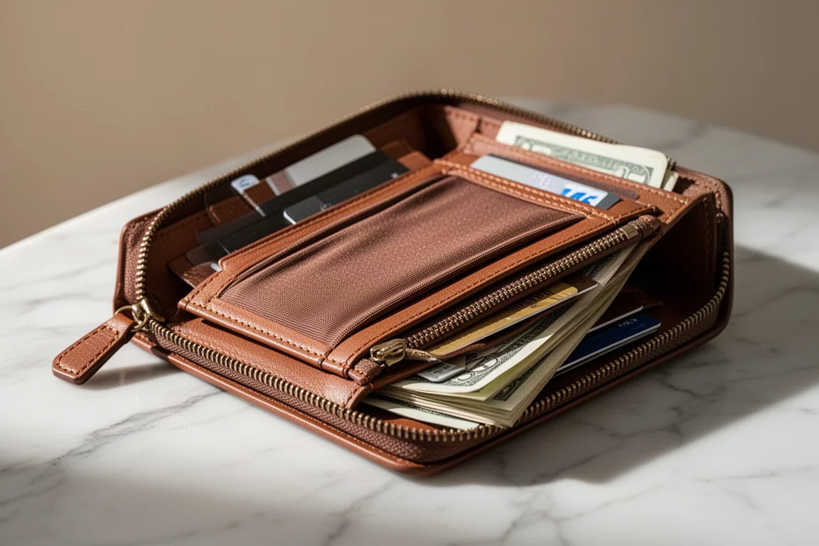 Eine braune Leder-Zip-Geldbörse, geöffnet und mit dehnbaren Kartenfächern sichtbar