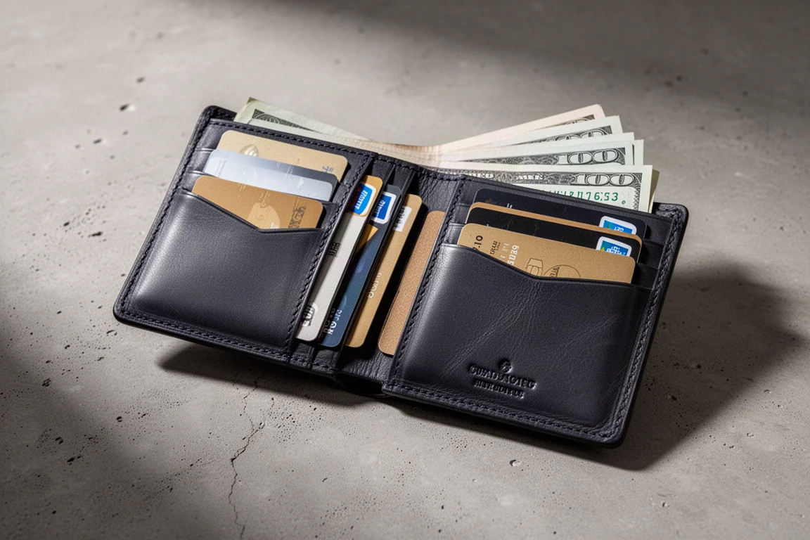 Eine komplett geöffnete Leder-Bifold-Geldbörse mit fächerförmig ausgebreiteten Karten auf einem Schreibtisch