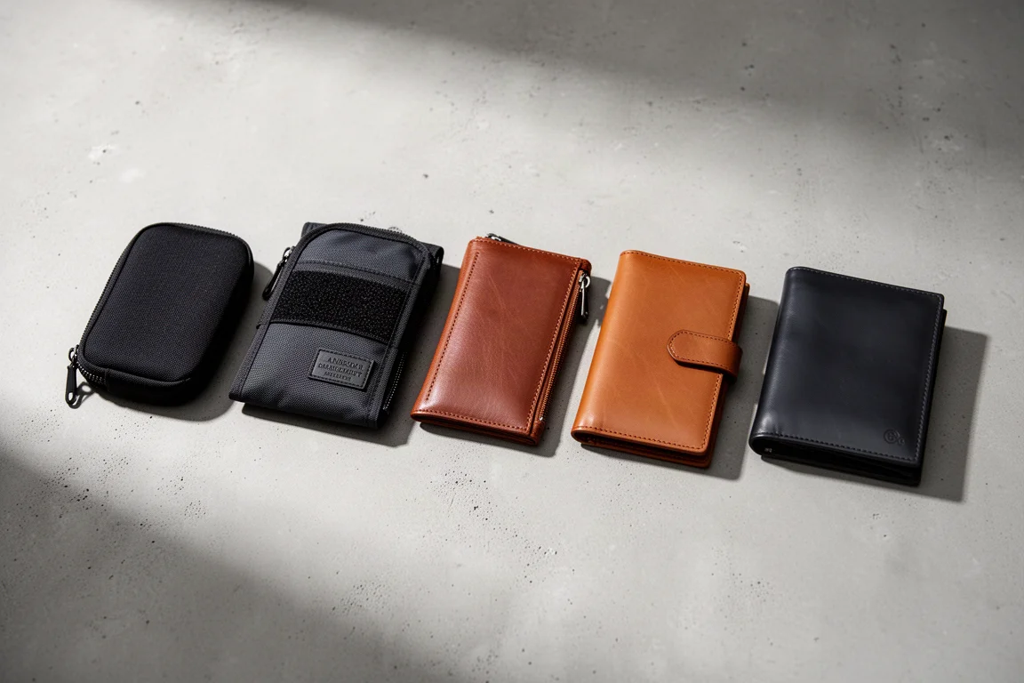 Five different fully enclosed wallet styles arranged in a row on a concrete surface