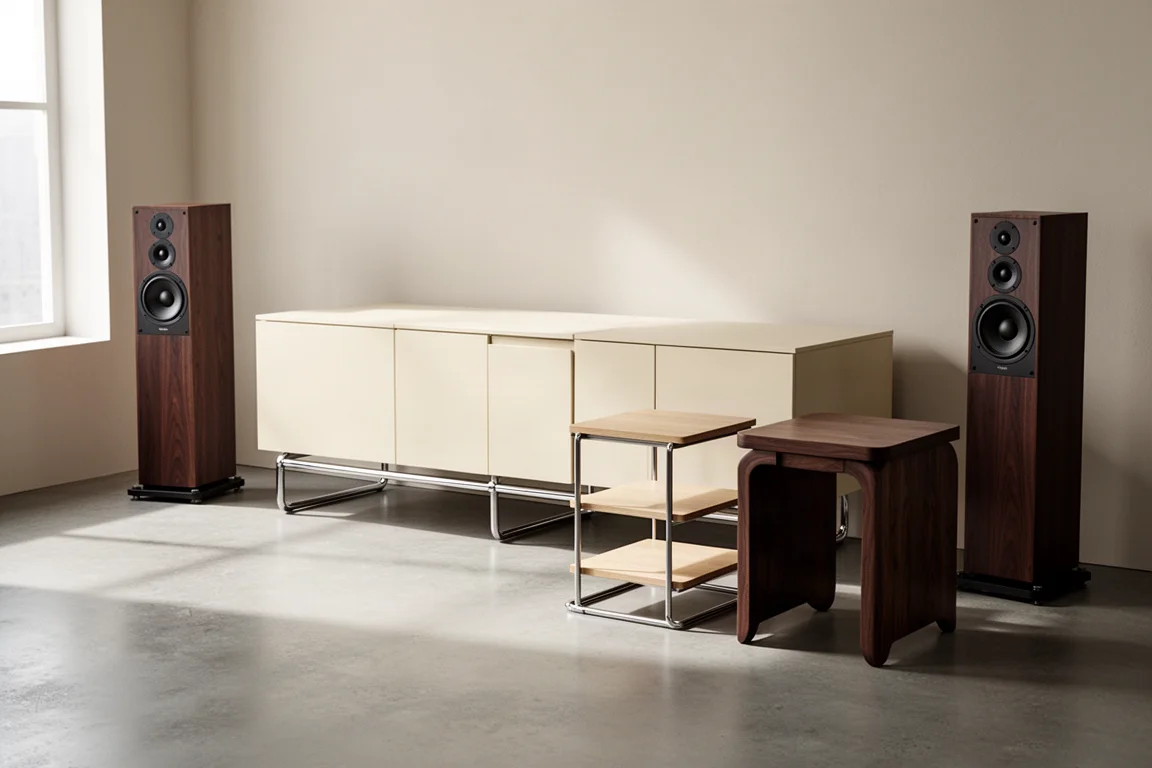 Modular metal sideboard, two-shelf unit and dark wood side table in a listening room