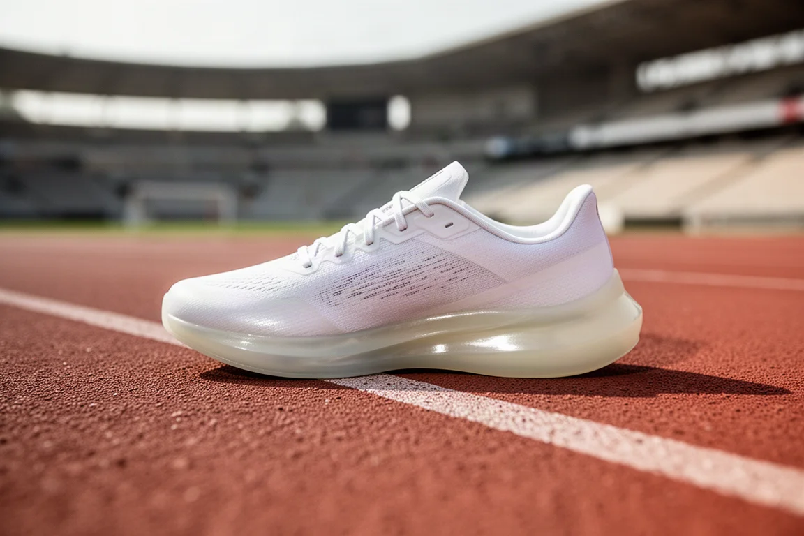 Tênis de competição leve em uma raia de pista de atletismo em plena luz do dia