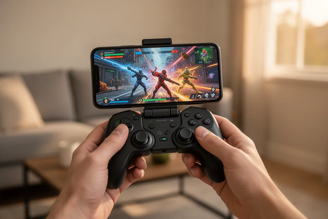 Person som spelar ett mobilspel på en smartphone med en kompakt hopfällbar kontroller monterad