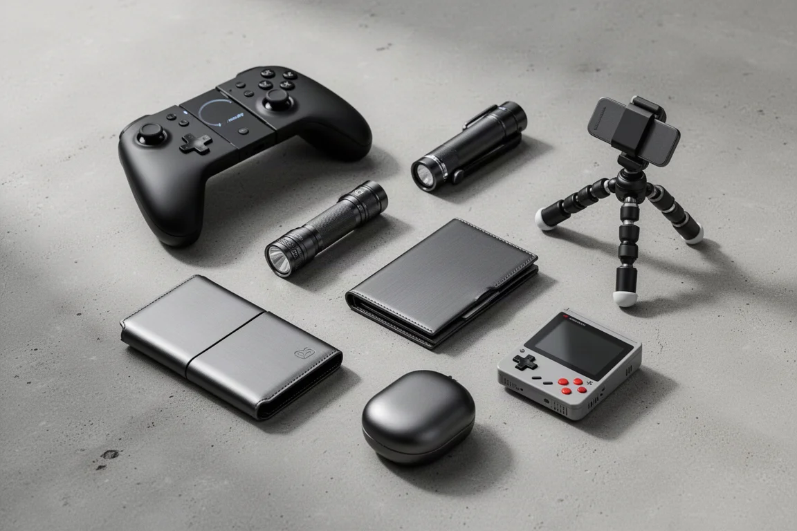 Flat-lay of assorted modern tech gadgets on a concrete surface