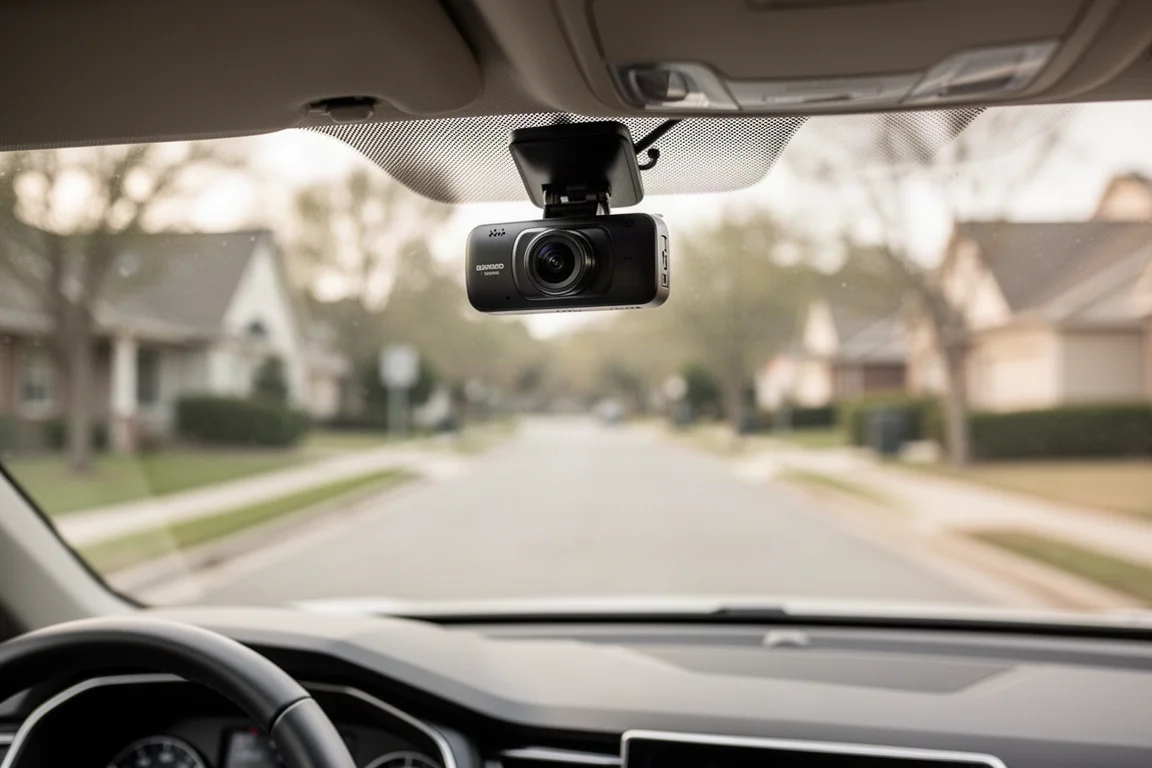 Compact dash cam mounted at the top of a car windshield with the road ahead visible