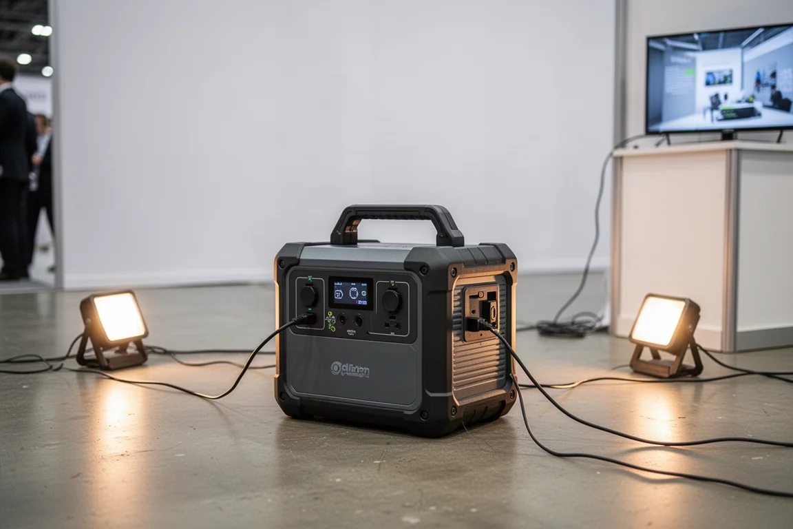Portable power station running lights and equipment at an outdoor event space