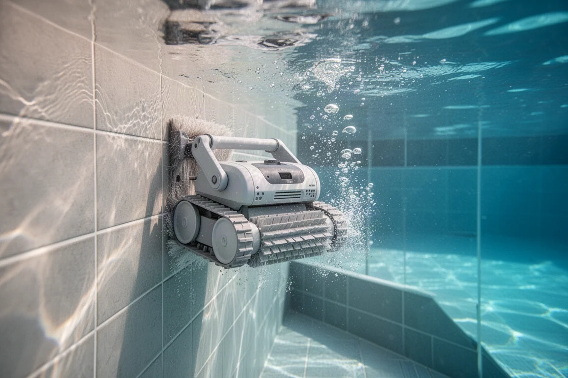 Pool cleaning robot scrubbing the tiled wall of a swimming pool underwater