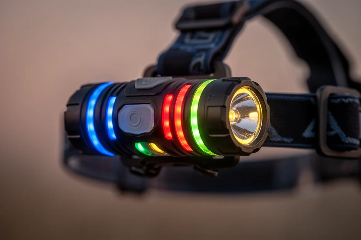 Rugged LED headlamp glowing with colored compass mode in a dim evening setting