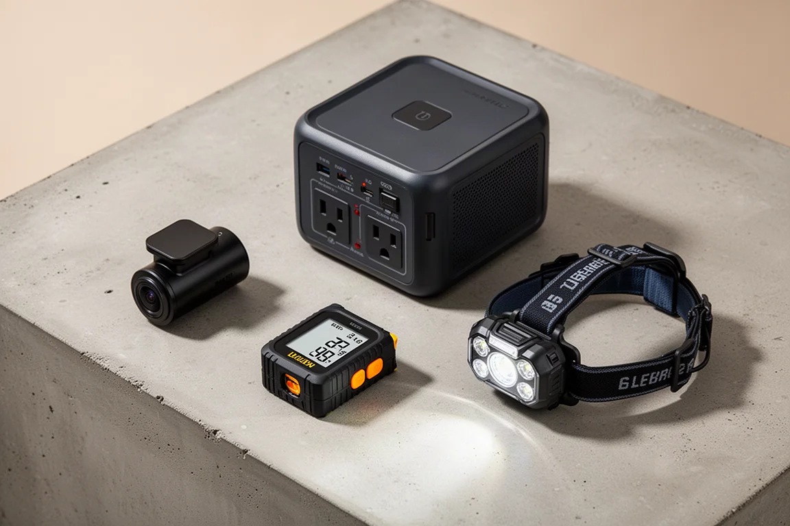 Flat-lay of a dash cam, power station, digital tape measure, and LED headlamp on concrete