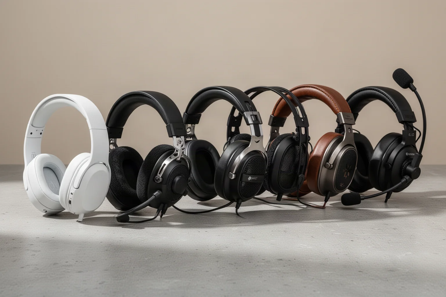Sieben Gaming-Headsets in einer Reihe auf einer matten Betonoberfläche angeordnet