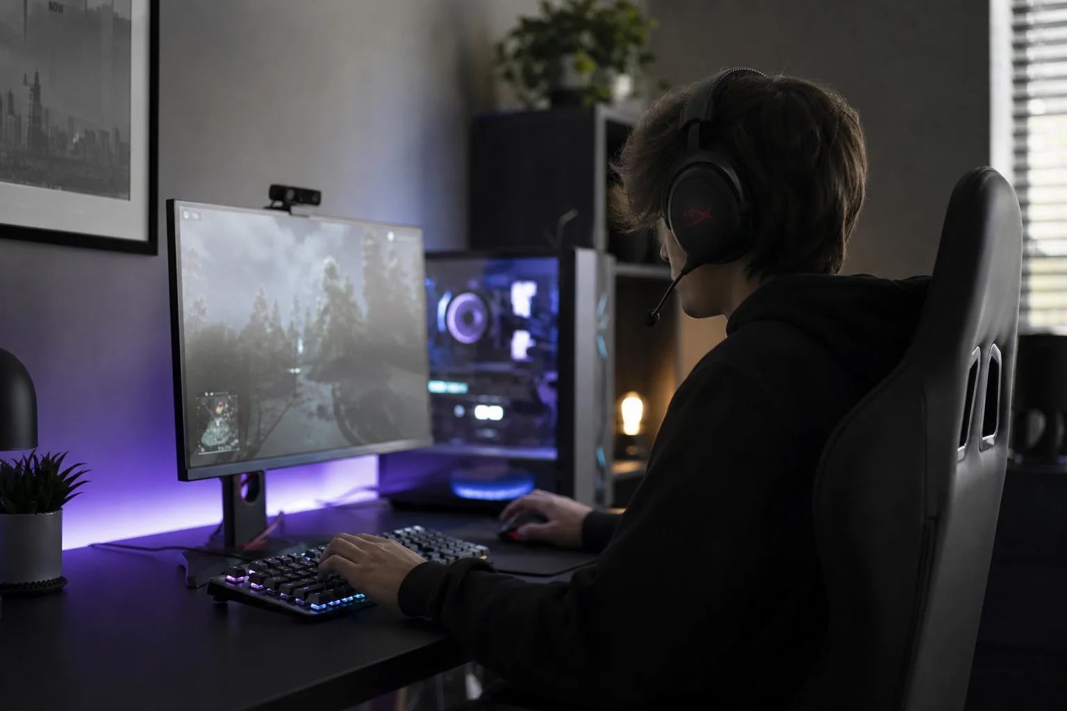 Un joueur portant un casque à son bureau avec un éclairage RGB