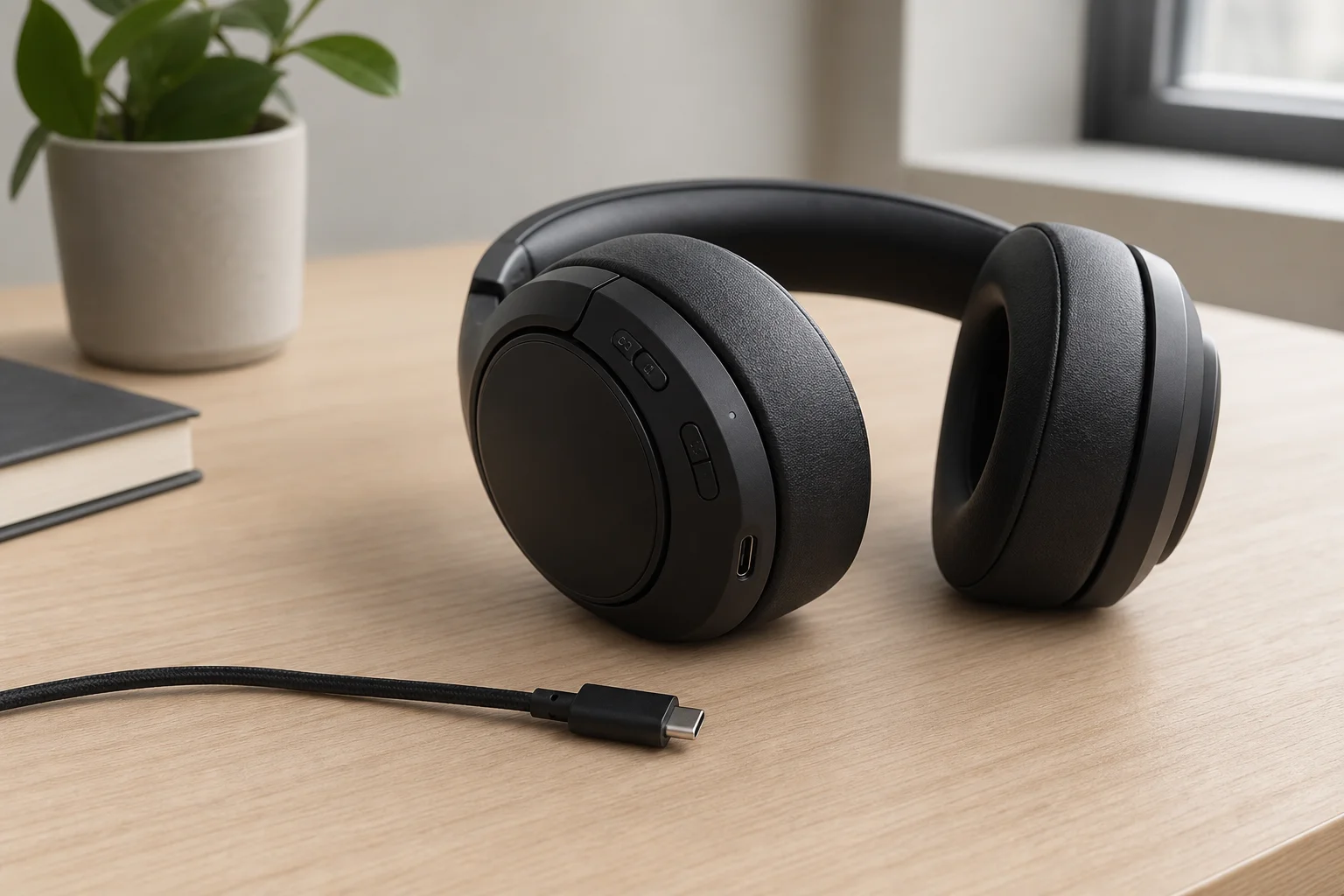 Casque gaming sans fil avec un câble de charge USB-C sur un bureau