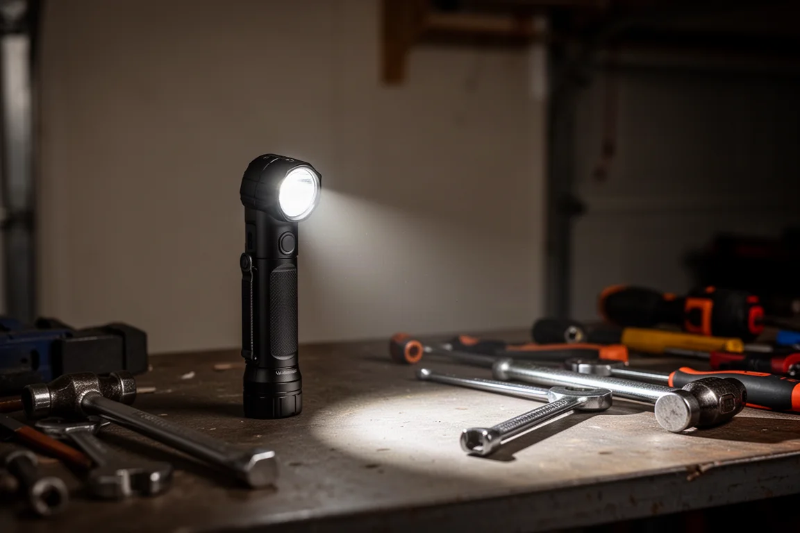 Linterna inalámbrica de taller proyectando un haz de luz sobre un banco de trabajo desordenado en un garaje oscuro