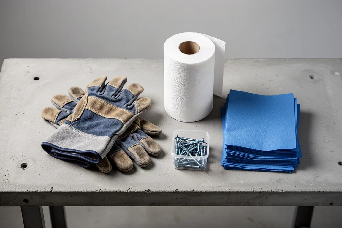 Guantes de trabajo doblados, toallas de papel y toallas azules de taller dispuestas sobre un banco de trabajo