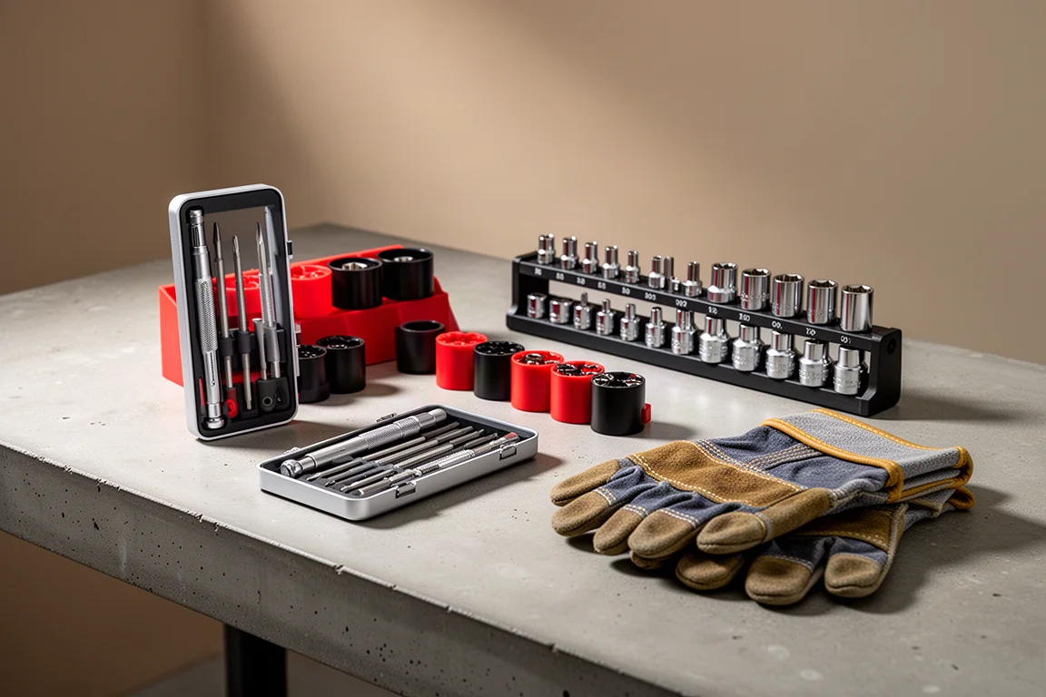 Precision screwdriver set, parts bins, socket rail, and work gloves arranged on a workbench